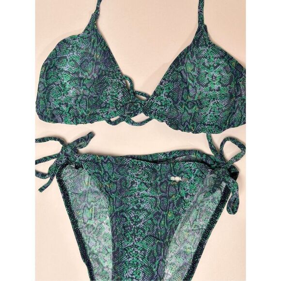 Solar Tan Thru 90's DEADSTOCK NWT 2 piece String Bikini Blue Green Snakeskin Sz - Picture 2 of 8